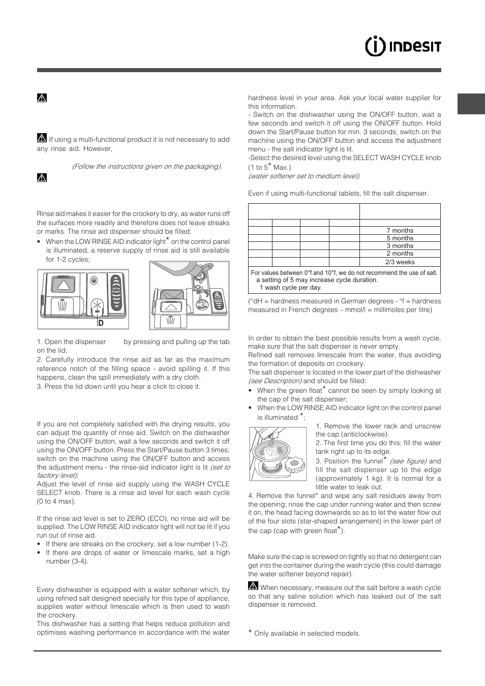 Rinse aid and refined salt, Measuring out the rinse aid, Measuring out the refined salt | Indesit DFP-27T94-A-EU User Manual | Page 27 / 72