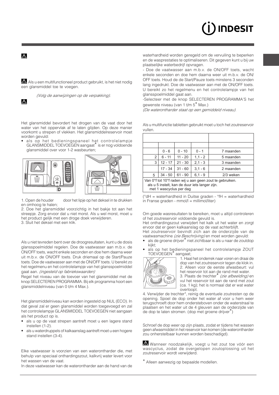 Glansmiddel en zout, Het glansmiddel toevoegen, Het onthardingszout toevoegen | Indesit DFP-27T94-A-EU User Manual | Page 41 / 72