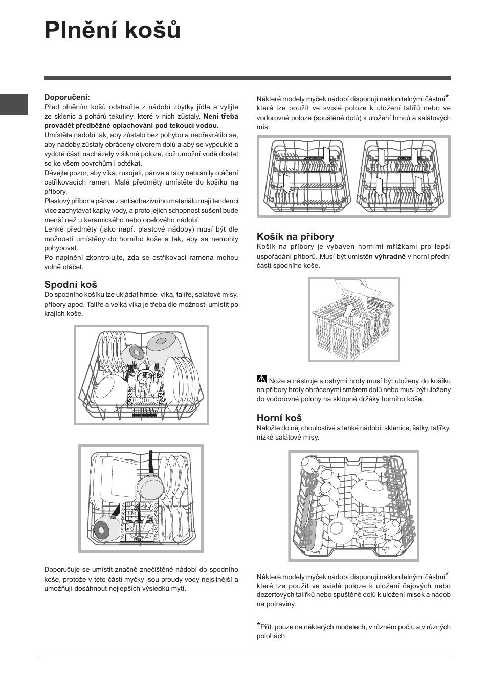 Plnění košů, Spodní koš, Košík na příbory | Horní koš | Indesit DFP-27T94-A-EU User Manual | Page 50 / 72