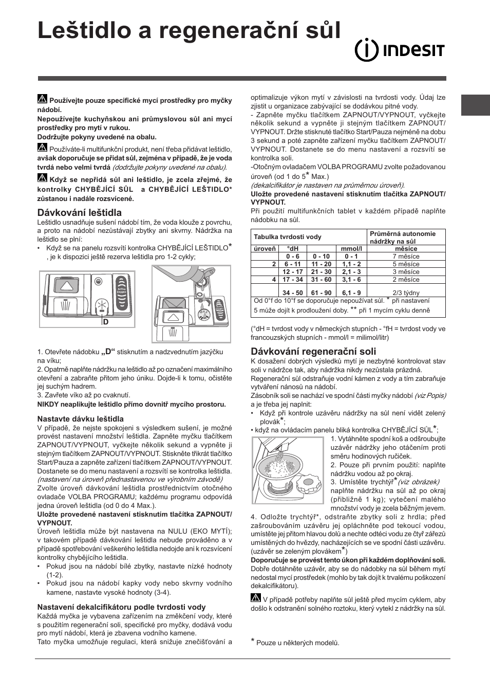 Leštidlo a regenerační sůl, Dávkování leštidla, Dávkování regenerační soli | Indesit DFP-27T94-A-EU User Manual | Page 55 / 72