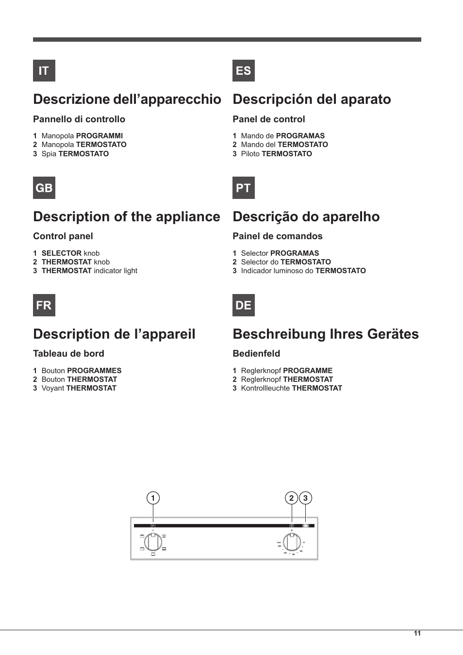 Descrizione dell’apparecchio, Description of the appliance, Description de l’appareil | Descripción del aparato, Descrição do aparelho, Beschreibung ihres gerätes | Indesit FIMS-20-K.A-AX-S User Manual | Page 11 / 60