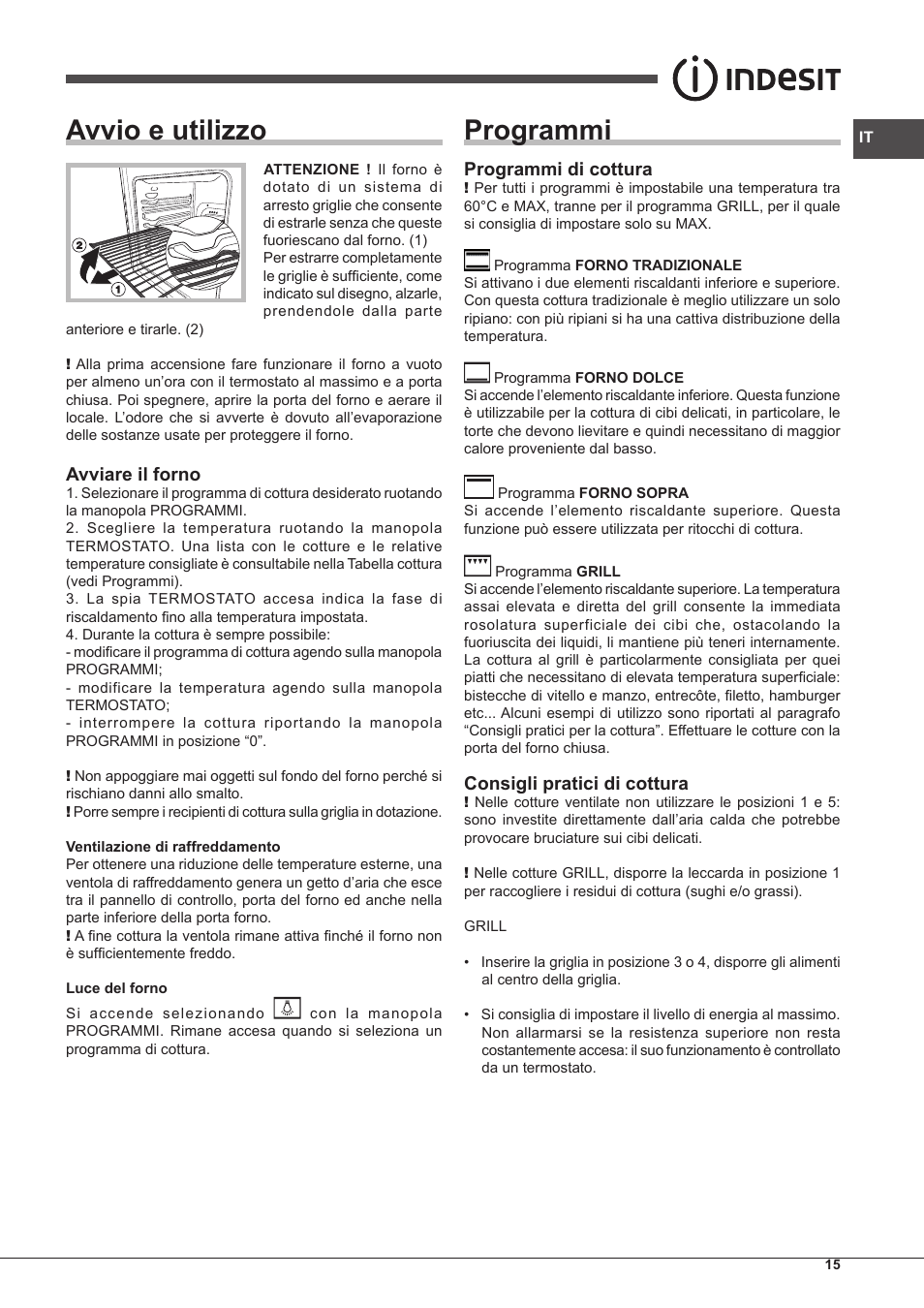 Avvio e utilizzo, Programmi, Avviare il forno | Programmi di cottura, Consigli pratici di cottura | Indesit FIMS-20-K.A-AX-S User Manual | Page 15 / 60