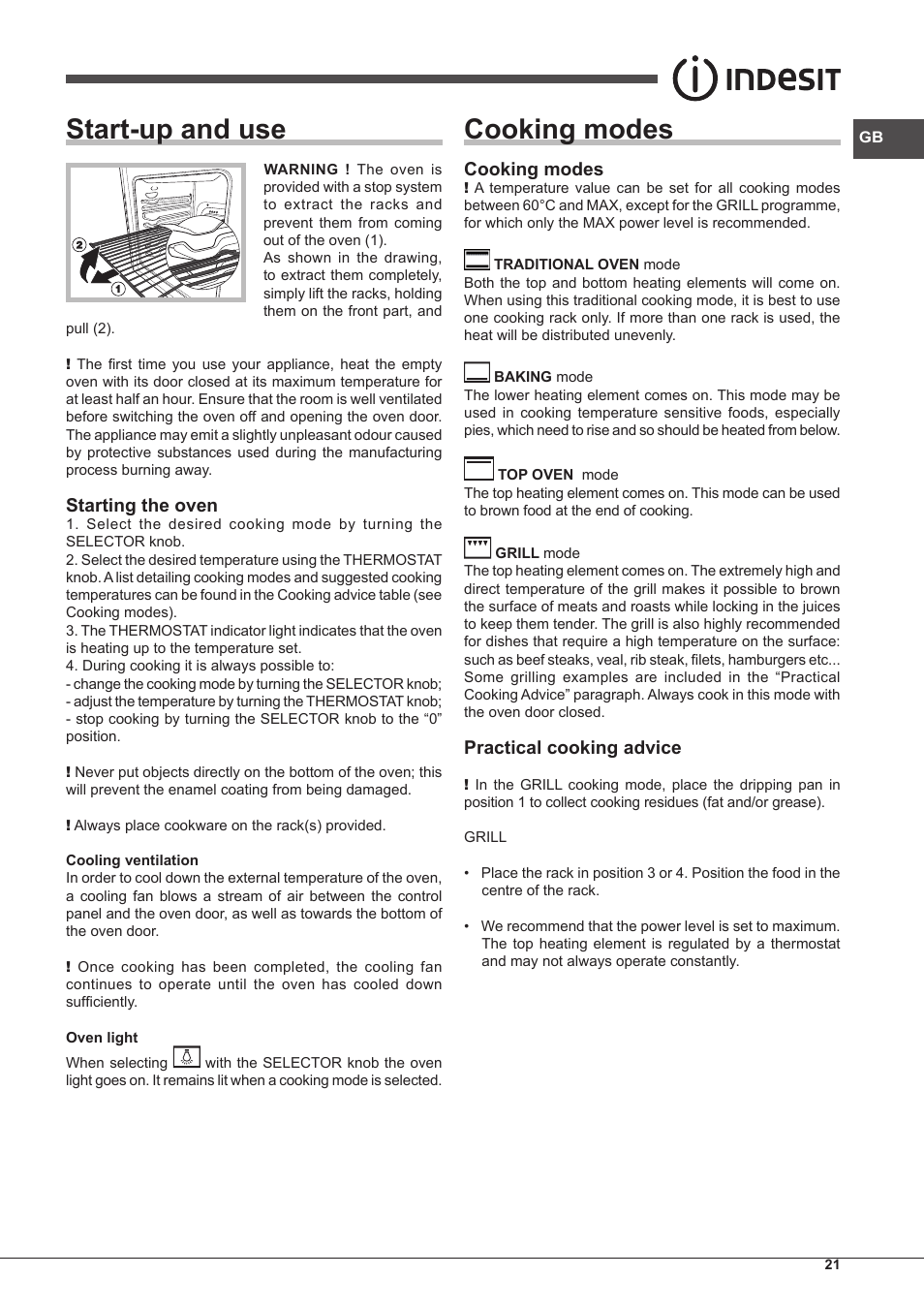 Start-up and use, Cooking modes, Starting the oven | Practical cooking advice | Indesit FIMS-20-K.A-AX-S User Manual | Page 21 / 60