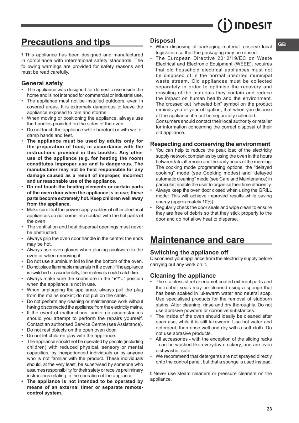 Precautions and tips, Maintenance and care, General safety | Disposal, Respecting and conserving the environment, Switching the appliance off, Cleaning the appliance | Indesit FIMS-20-K.A-AX-S User Manual | Page 23 / 60