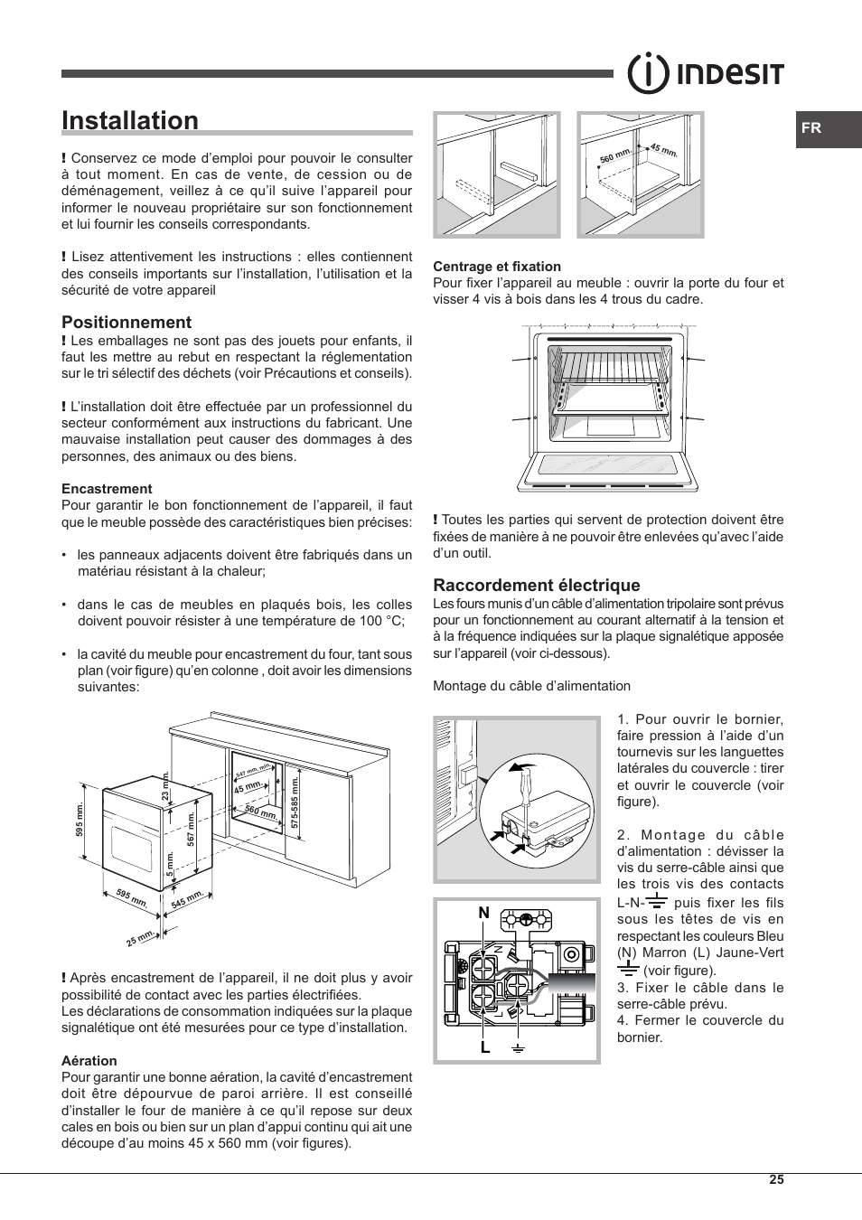 Installation, Positionnement, Raccordement électrique | Indesit FIMS-20-K.A-AX-S User Manual | Page 25 / 60