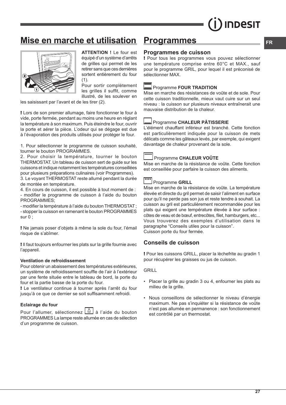 Mise en marche et utilisation, Programmes, Programmes de cuisson | Conseils de cuisson | Indesit FIMS-20-K.A-AX-S User Manual | Page 27 / 60