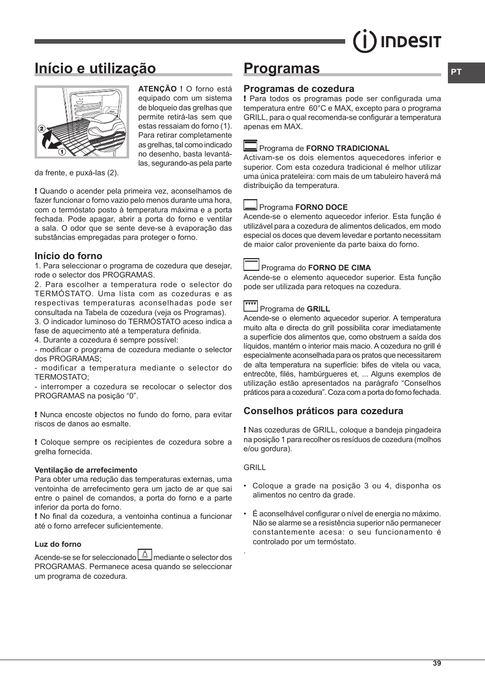 Início e utilização, Programas, Início do forno | Programas de cozedura, Conselhos práticos para cozedura | Indesit FIMS-20-K.A-AX-S User Manual | Page 39 / 60