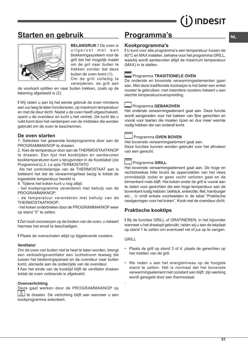 Starten en gebruik, Programma’s, De oven starten | Kookprogramma’s, Praktische kooktips | Indesit FIMS-20-K.A-AX-S User Manual | Page 51 / 60