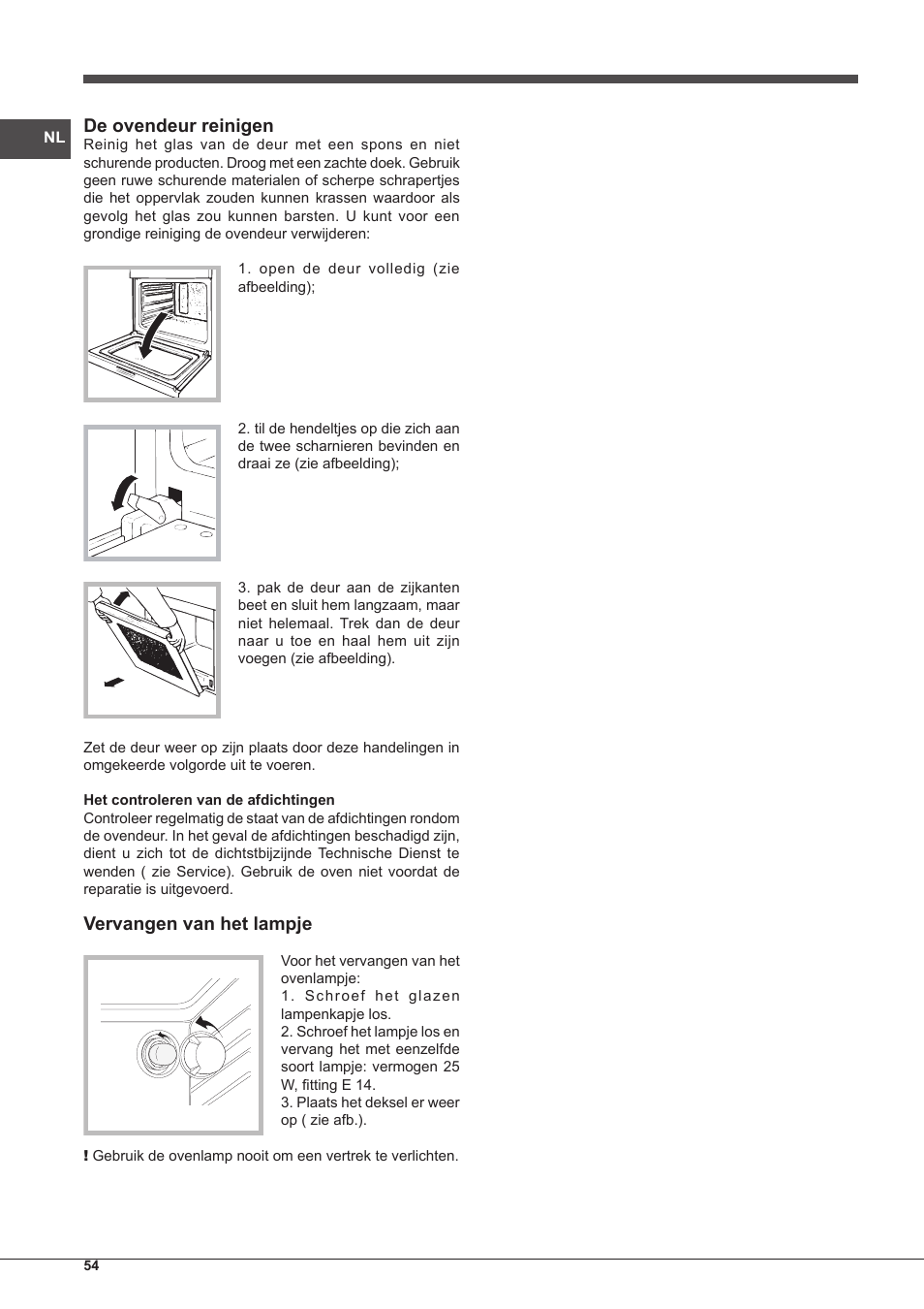 De ovendeur reinigen, Vervangen van het lampje | Indesit FIMS-20-K.A-AX-S User Manual | Page 54 / 60