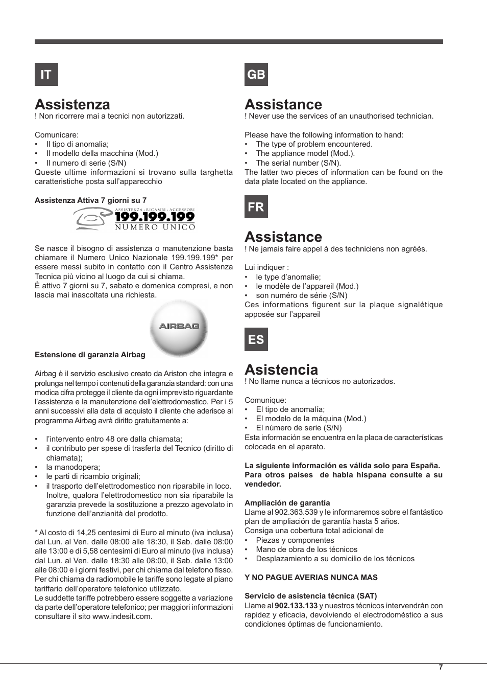 Assistenza, Assistance, Asistencia | Indesit FIMS-20-K.A-AX-S User Manual | Page 7 / 60