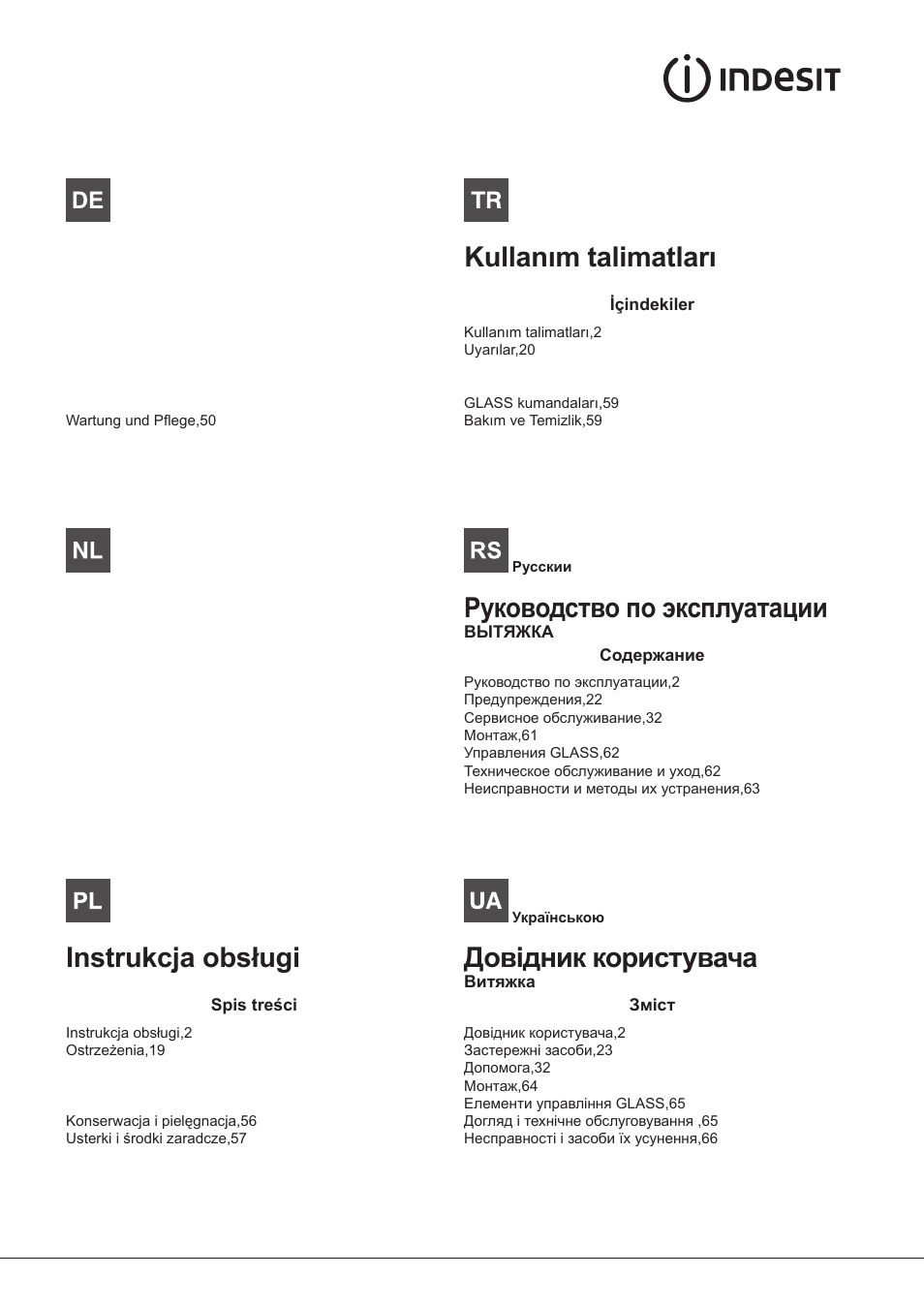 Gebruiksaanwijzing, Instrukcja obsługi, Kullanım talimatları | Руководство по эксплуатации, Довідник користувача, Bedienungsanleitung | Indesit IHF-9.5-A-M-IX User Manual | Page 2 / 80