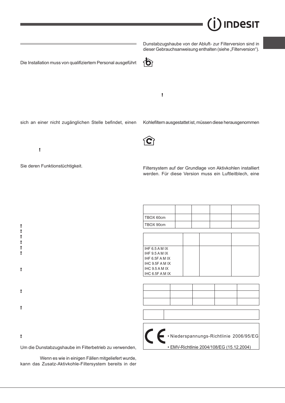 Installation, Elektrischer anschluss, Luftableitung | Filter oder abluft, Technische daten | Indesit IHF-9.5-A-M-IX User Manual | Page 49 / 80