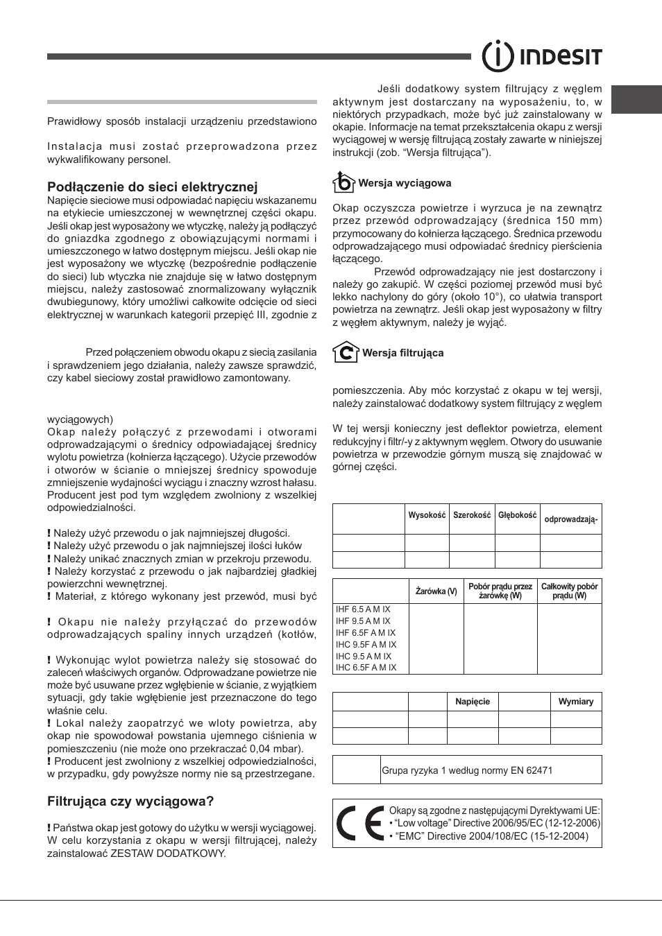 Instalacja, Podłączenie do sieci elektrycznej, Odprowadzanie powietrza | Filtrująca czy wyciągowa, Dane techniczne | Indesit IHF-9.5-A-M-IX User Manual | Page 55 / 80