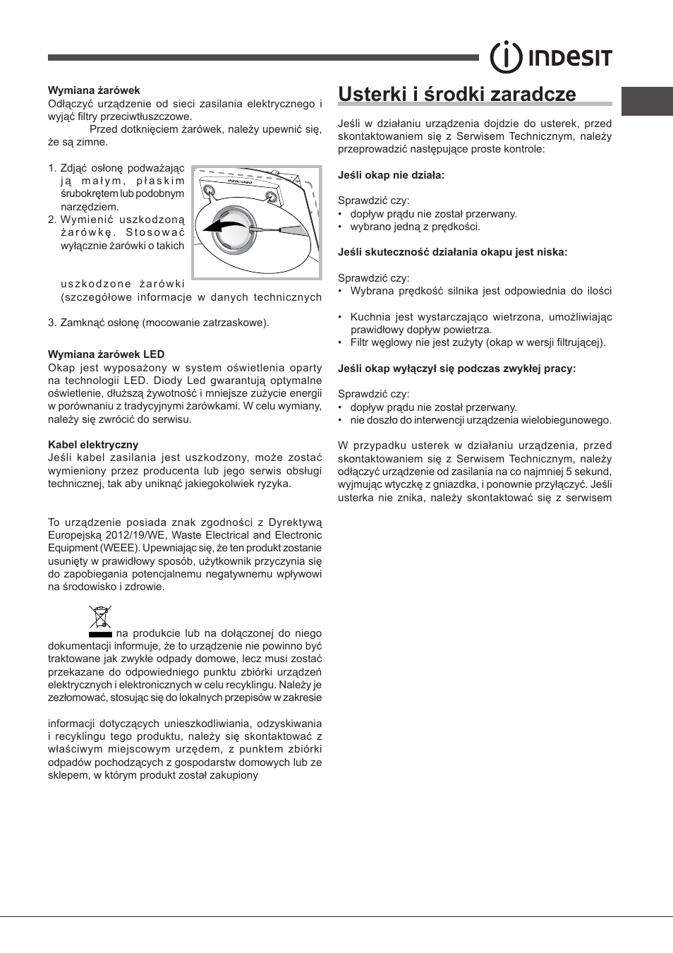 Usterki i środki zaradcze | Indesit IHF-9.5-A-M-IX User Manual | Page 57 / 80