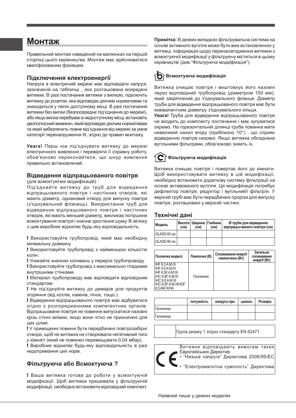 Монтаж, Підключення електроенергії, Відведення відпрацьованого повітря | Фільтруюча або всмоктуюча, Технічні дані | Indesit IHF-9.5-A-M-IX User Manual | Page 64 / 80