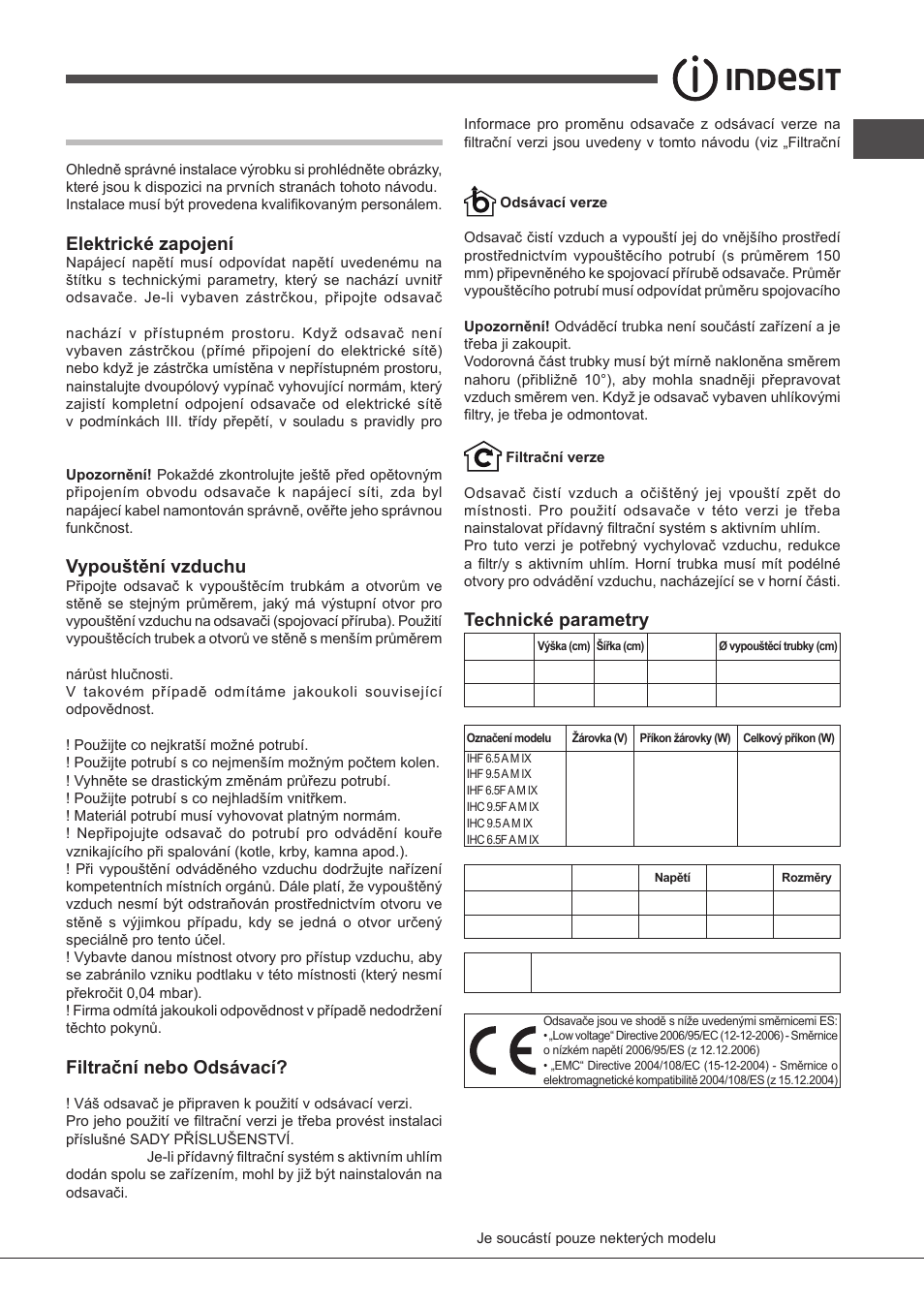 Instalace, Elektrické zapojení, Vypouštění vzduchu | Filtrační nebo odsávací, Technické parametry | Indesit IHF-9.5-A-M-IX User Manual | Page 67 / 80