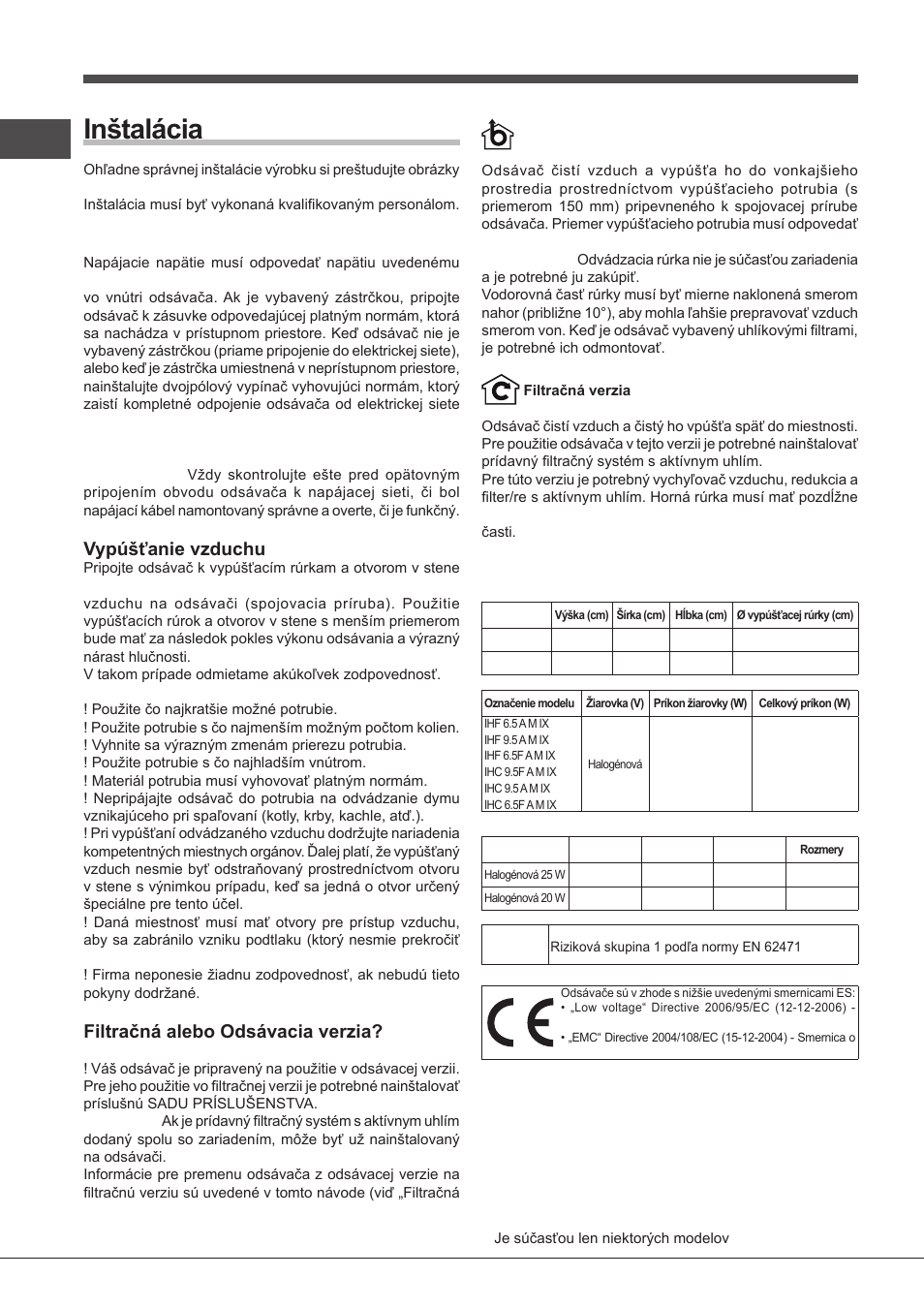 Inštalácia, Pripojenie k elektrickej sieti, Vypúšťanie vzduchu | Filtračná alebo odsávacia verzia, Technické parametre | Indesit IHF-9.5-A-M-IX User Manual | Page 70 / 80