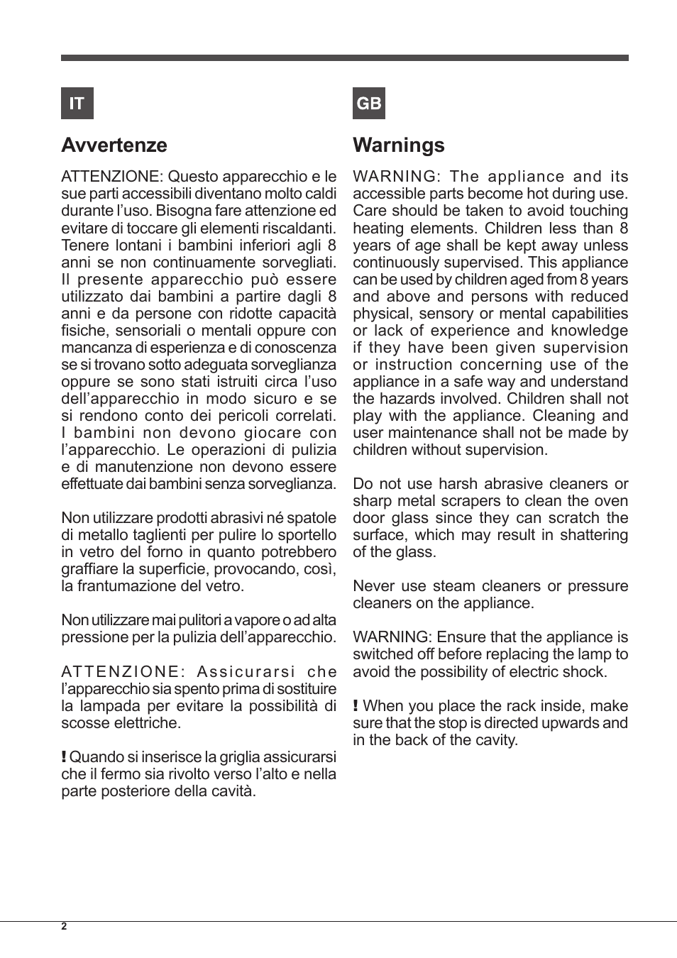 Avvertenze, Warnings | Indesit FGIM-K-(BK)-S User Manual | Page 2 / 48