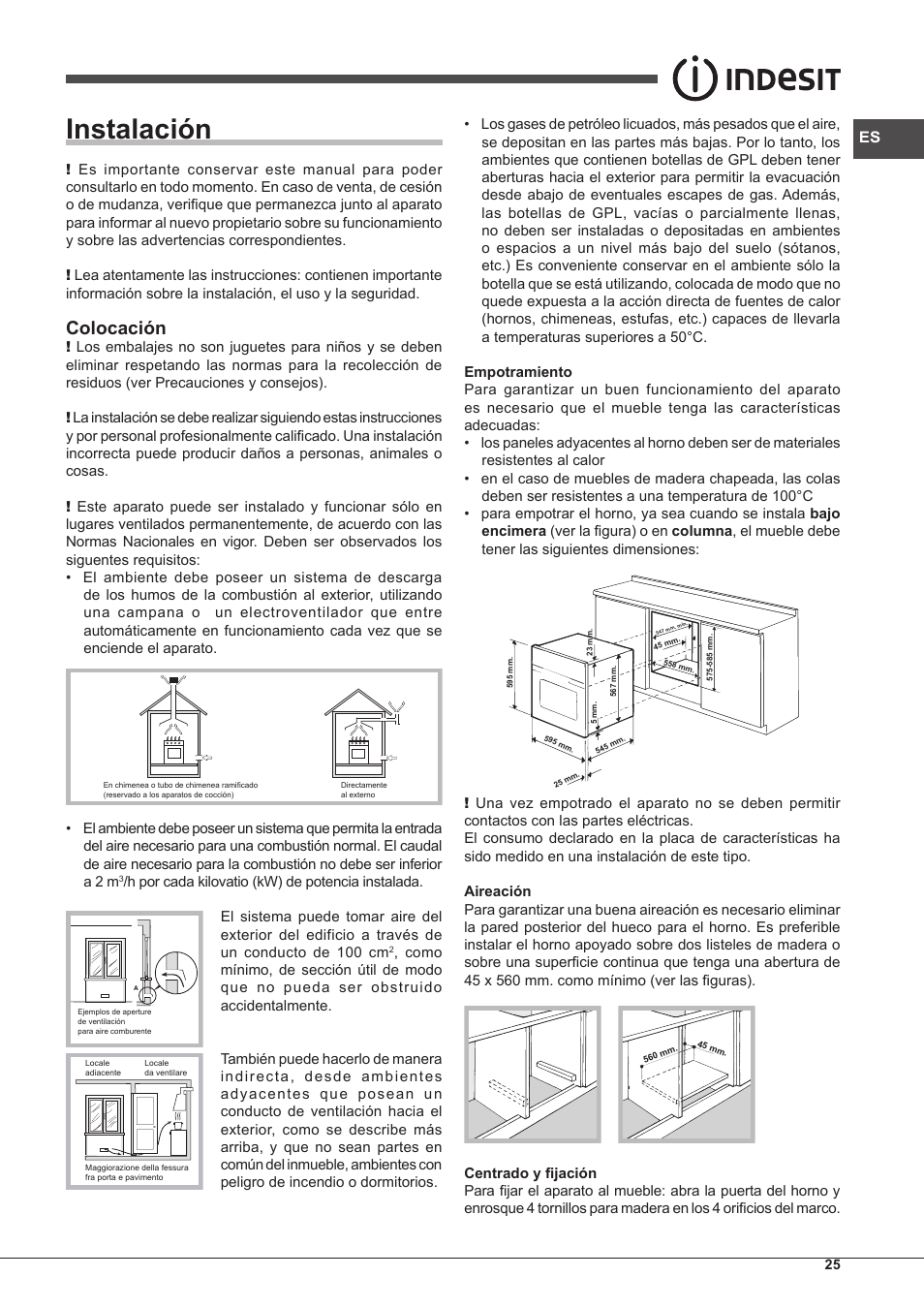 Instalación, Colocación | Indesit FGIM-K-(BK)-S User Manual | Page 25 / 48