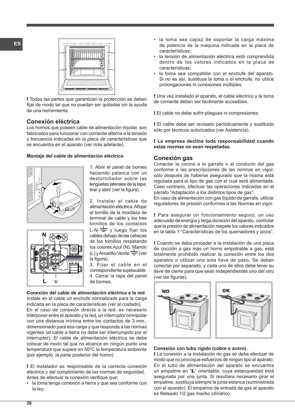 Conexión eléctrica, Conexión gas | Indesit FGIM-K-(BK)-S User Manual | Page 26 / 48