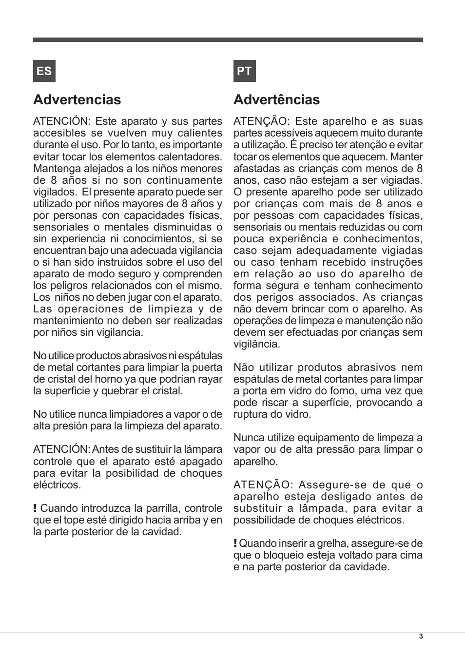 Advertencias, Advertências | Indesit FGIM-K-(BK)-S User Manual | Page 3 / 48