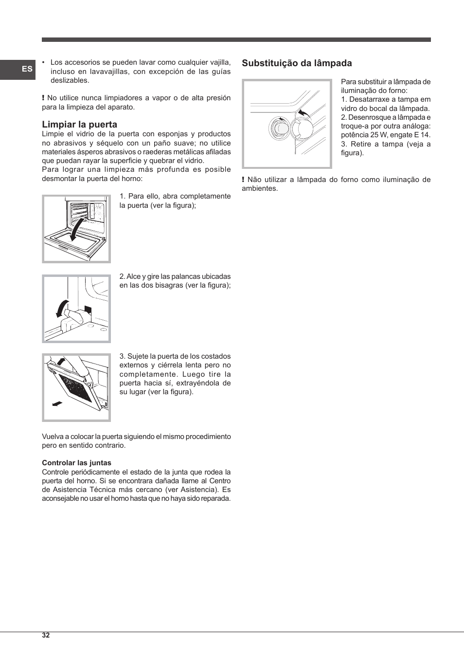 Limpiar la puerta, Substituição da lâmpada | Indesit FGIM-K-(BK)-S User Manual | Page 32 / 48