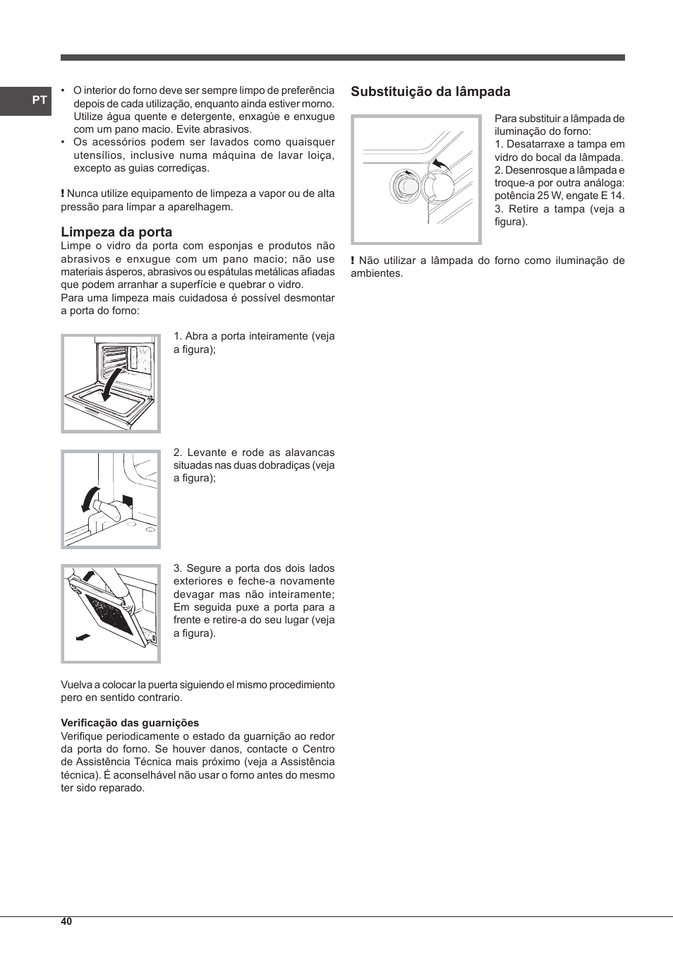 Limpeza da porta, Substituição da lâmpada | Indesit FGIM-K-(BK)-S User Manual | Page 40 / 48