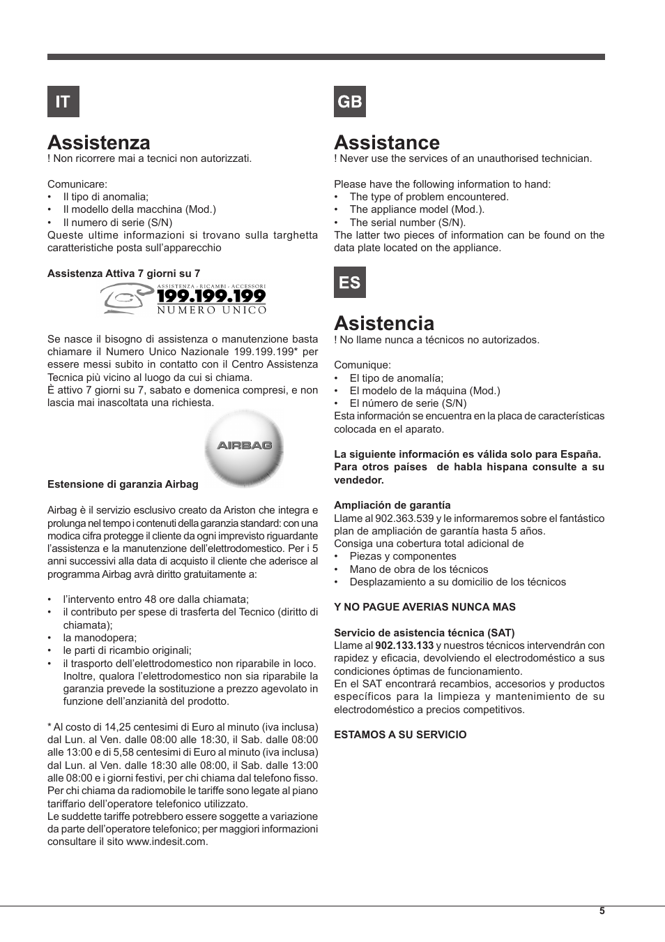 Assistenza, Assistance, Asistencia | Indesit FGIM-K-(BK)-S User Manual | Page 5 / 48