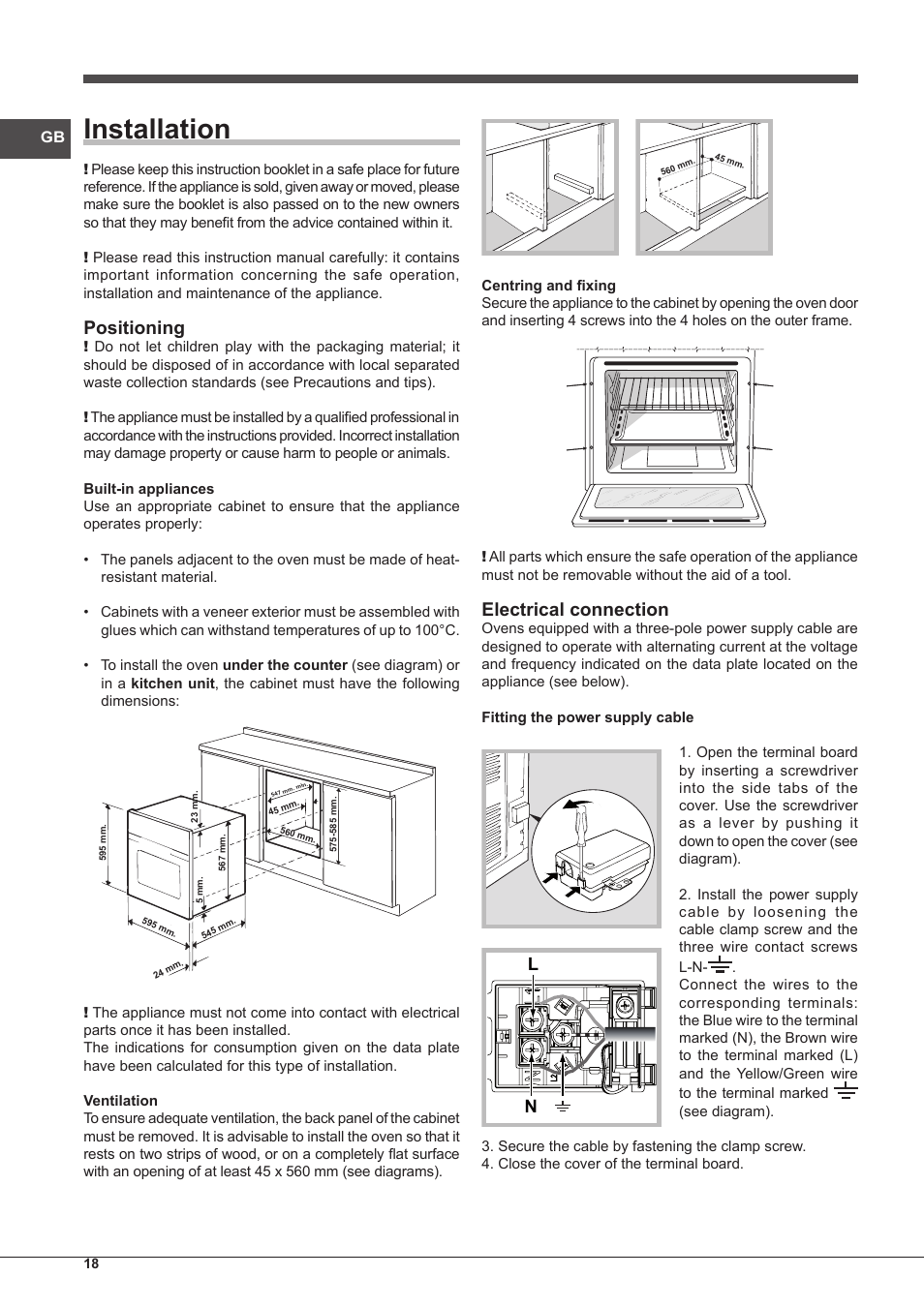 Installation, Positioning, Electrical connection | Indesit IFG-51-K.A-(BK)-S User Manual | Page 18 / 60