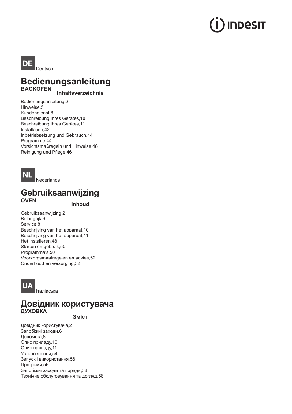 Bedienungsanleitung, Gebruiksaanwijzing, Довідник користувача | Indesit IFG-51-K.A-(BK)-S User Manual | Page 2 / 60