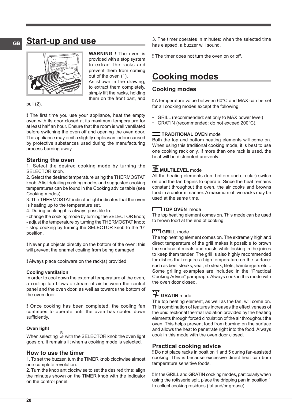 Start-up and use, Cooking modes, Starting the oven | How to use the timer, Practical cooking advice | Indesit IFG-51-K.A-(BK)-S User Manual | Page 20 / 60