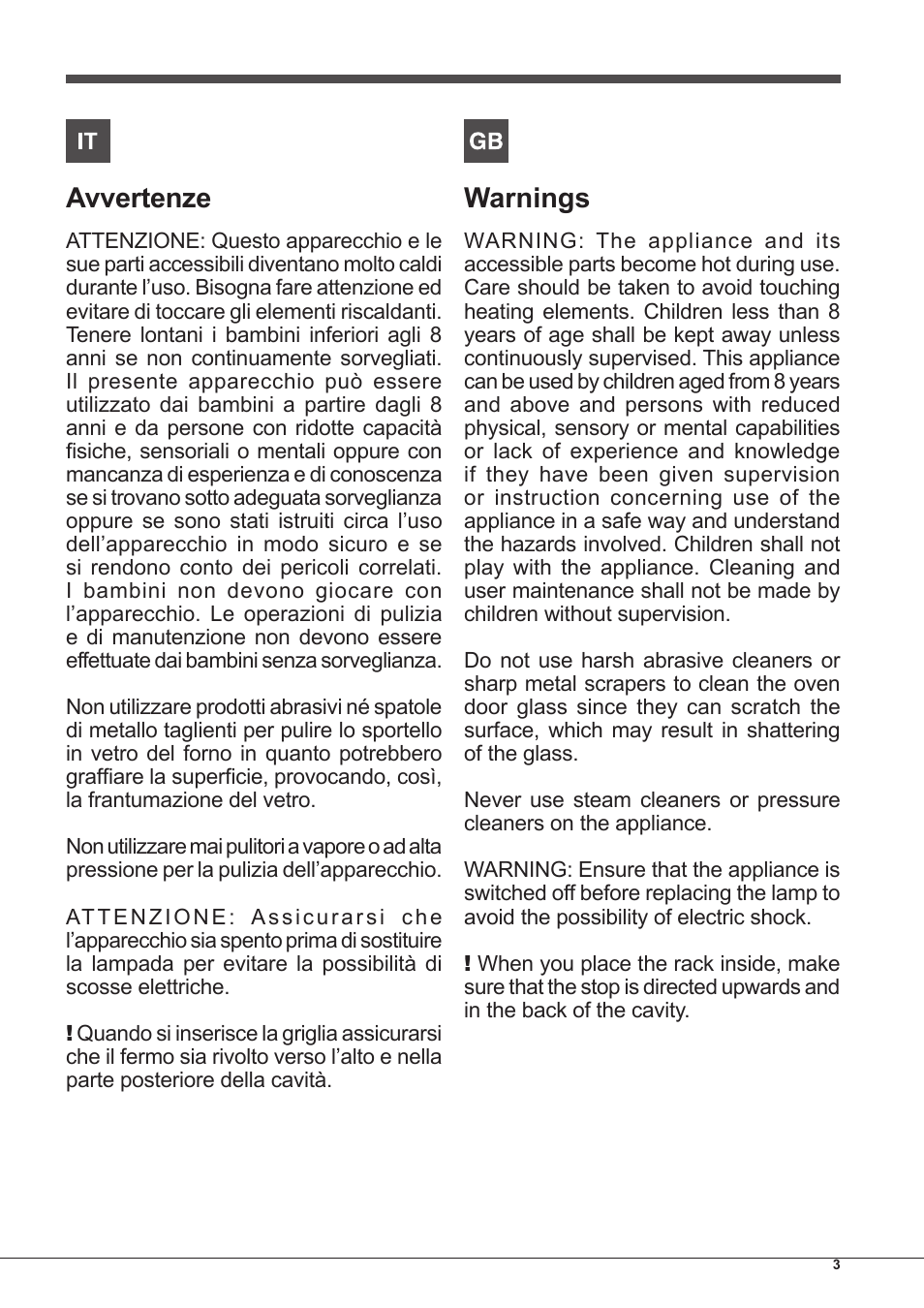 Avvertenze, Warnings | Indesit IFG-51-K.A-(BK)-S User Manual | Page 3 / 60