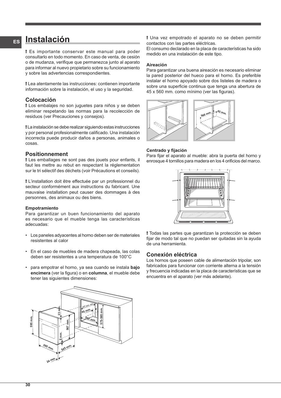 Instalación, Colocación, Positionnement | Conexión eléctrica | Indesit IFG-51-K.A-(BK)-S User Manual | Page 30 / 60