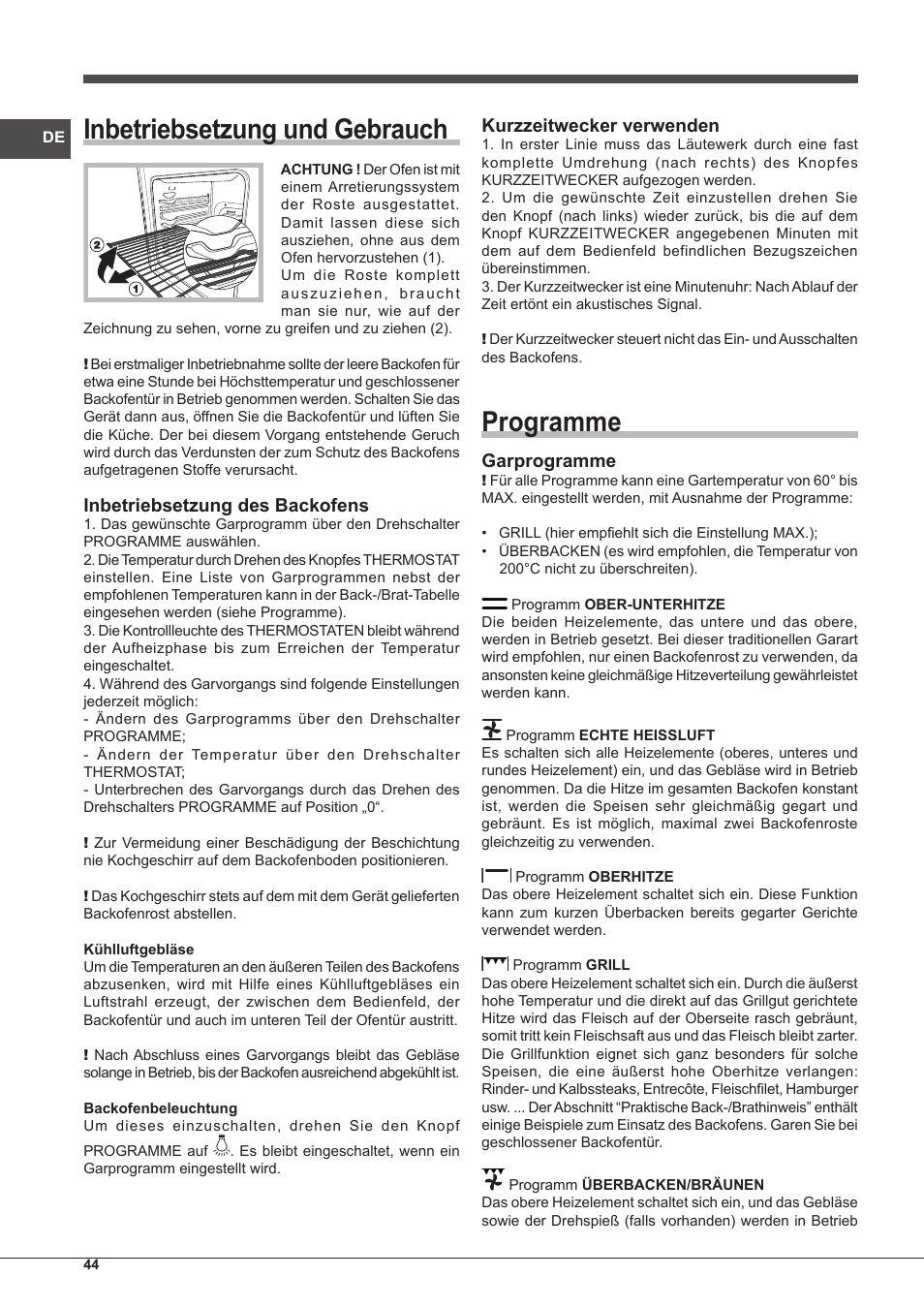 Inbetriebsetzung und gebrauch, Programme, Inbetriebsetzung des backofens | Kurzzeitwecker verwenden, Garprogramme | Indesit IFG-51-K.A-(BK)-S User Manual | Page 44 / 60