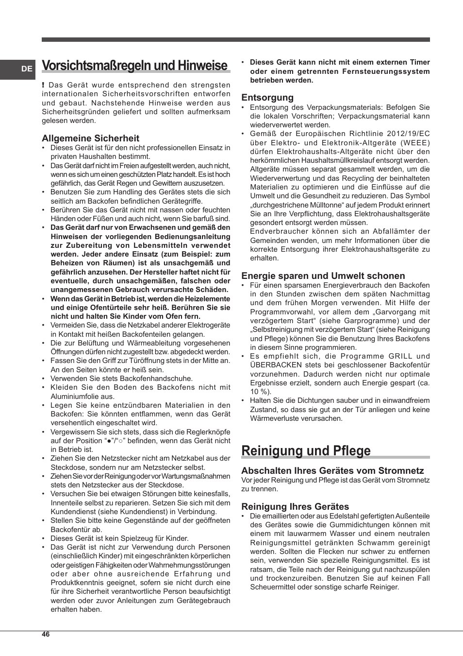 Vorsichtsmaßregeln und hinweise, Reinigung und pflege, Allgemeine sicherheit | Entsorgung, Energie sparen und umwelt schonen, Abschalten ihres gerätes vom stromnetz, Reinigung ihres gerätes | Indesit IFG-51-K.A-(BK)-S User Manual | Page 46 / 60
