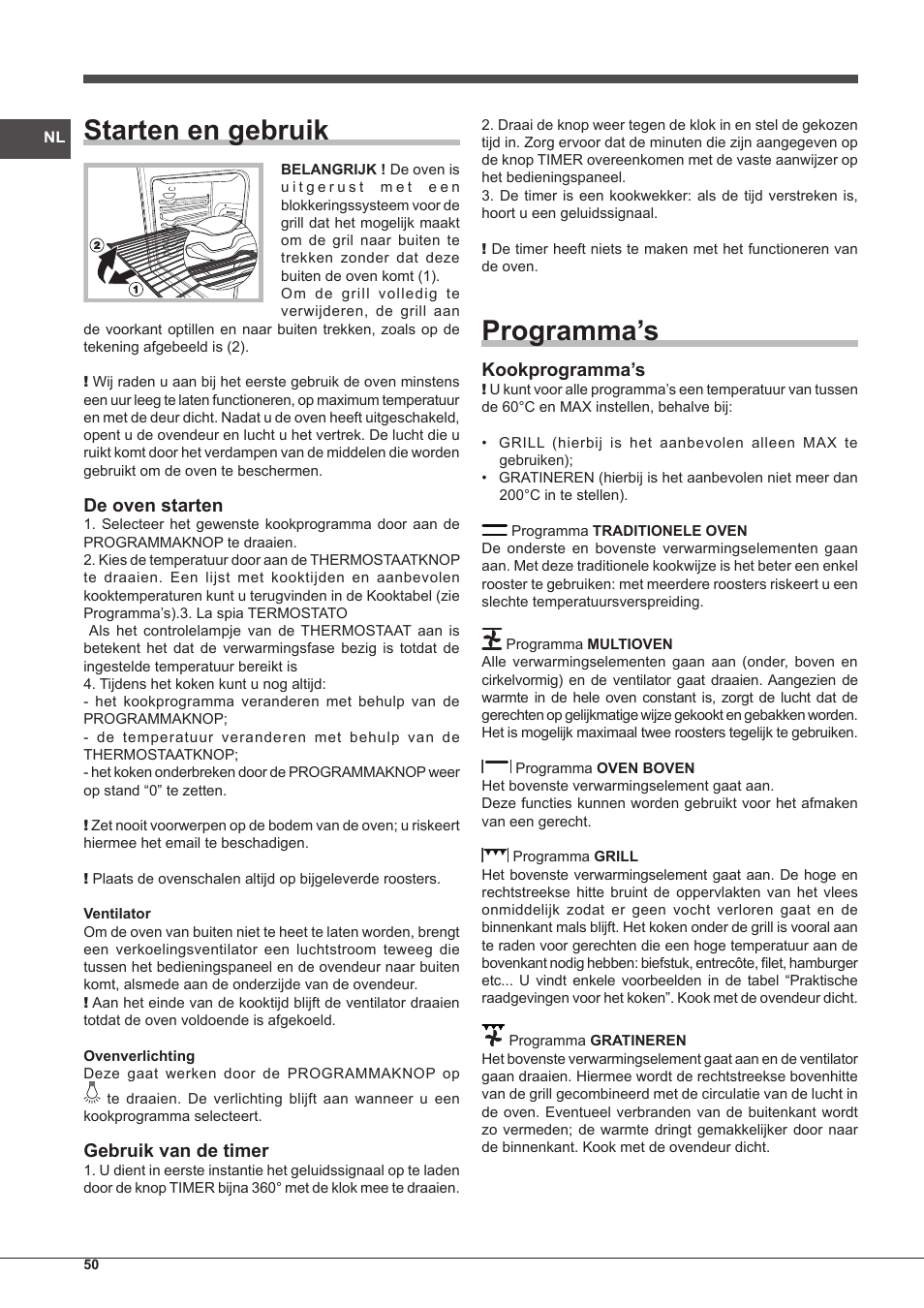 Starten en gebruik, Programma’s, De oven starten | Gebruik van de timer, Kookprogramma’s | Indesit IFG-51-K.A-(BK)-S User Manual | Page 50 / 60