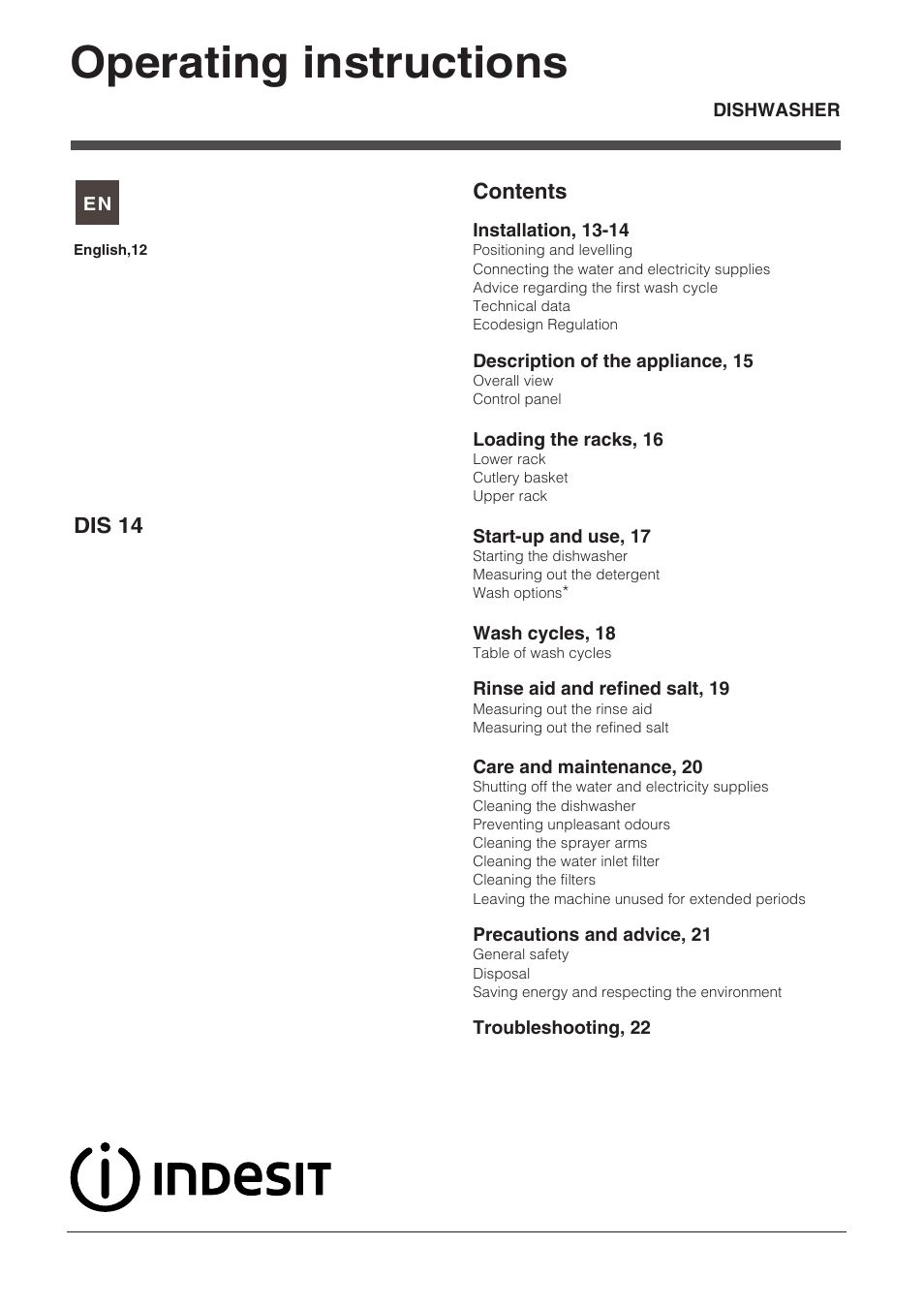 07543207_en, Operating instructions | Indesit DIS-14 User Manual | Page 12 / 80