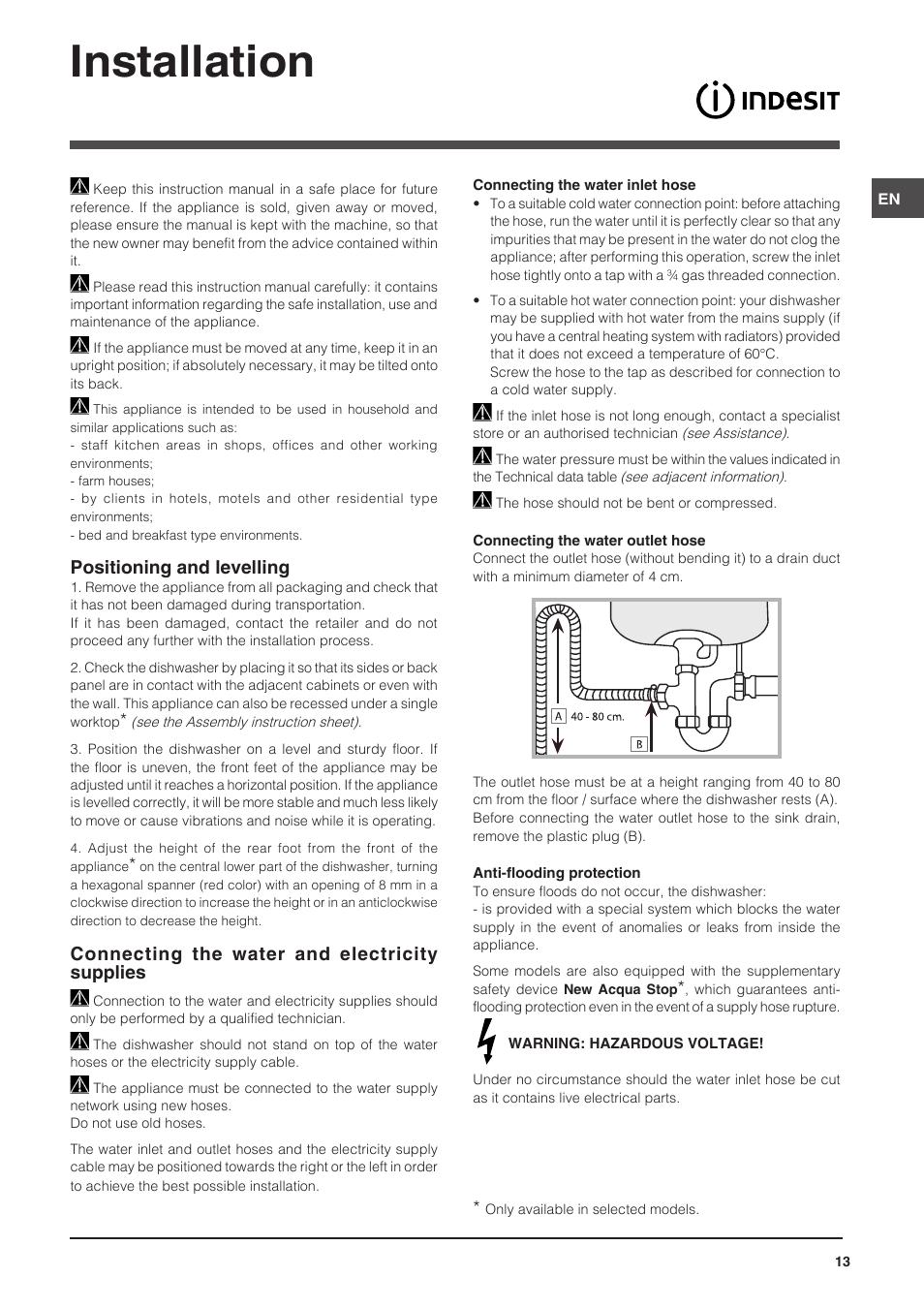 Installation, Positioning and levelling, Connecting the water and electricity supplies | Indesit DIS-14 User Manual | Page 13 / 80