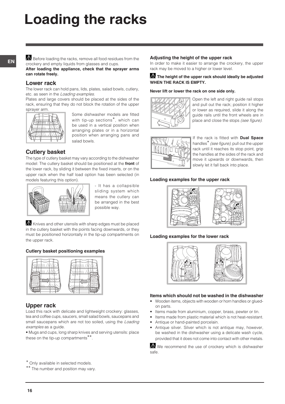Loading the racks, Lower rack, Cutlery basket | Upper rack | Indesit DIS-14 User Manual | Page 16 / 80