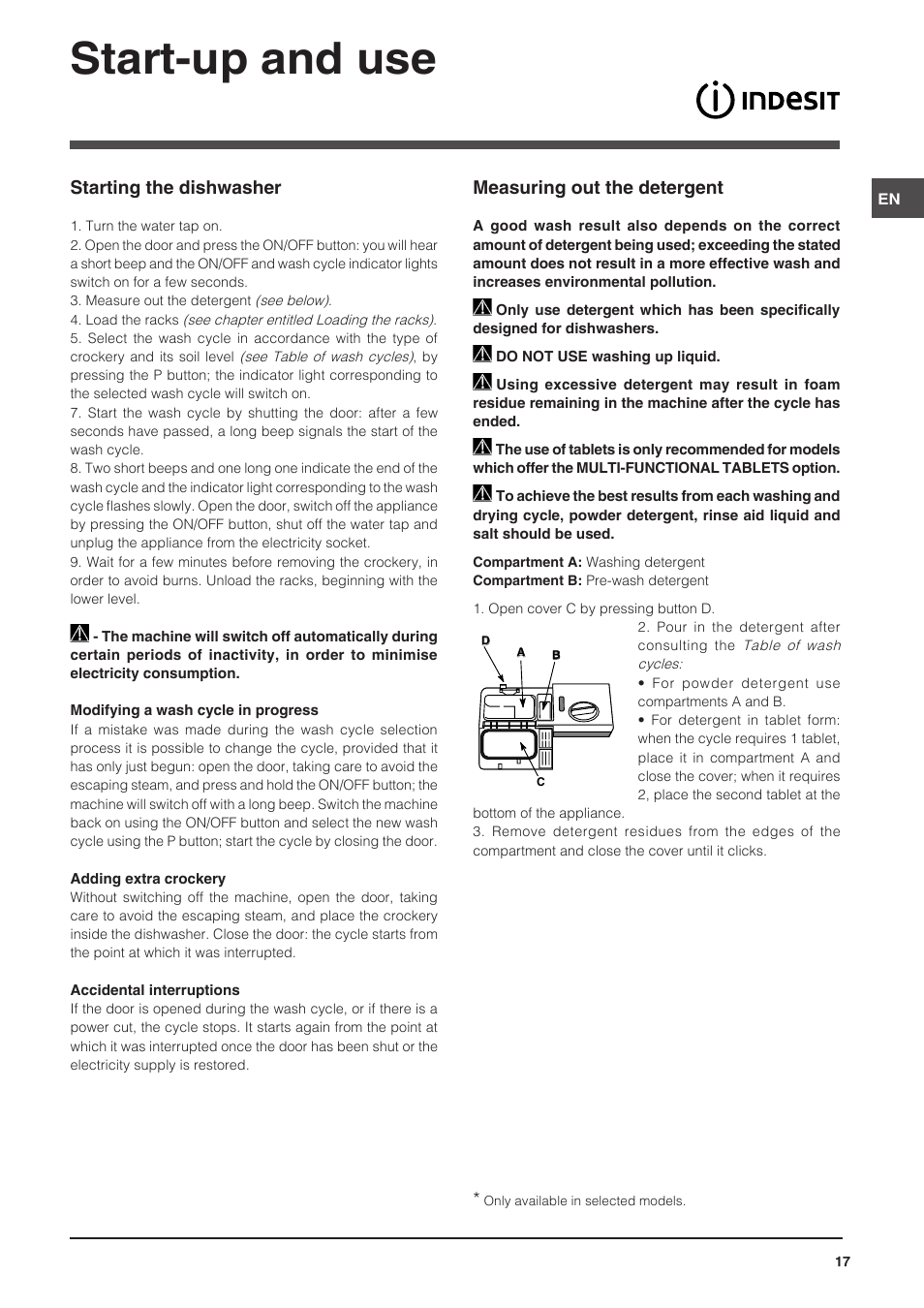 Start-up and use, Measuring out the detergent, Starting the dishwasher | Indesit DIS-14 User Manual | Page 17 / 80