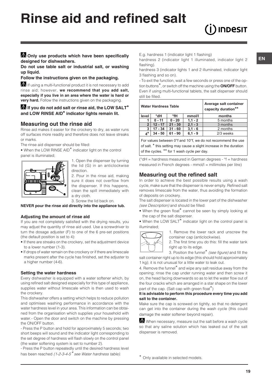 Rinse aid and refined salt, Measuring out the rinse aid, Measuring out the refined salt | Indesit DIS-14 User Manual | Page 19 / 80