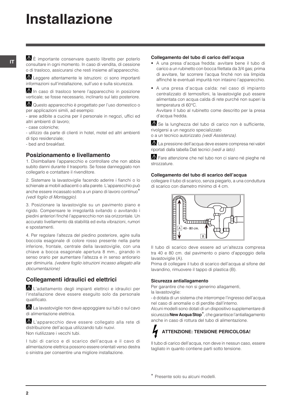 Installazione, Posizionamento e livellamento, Collegamenti idraulici ed elettrici | Indesit DIS-14 User Manual | Page 2 / 80