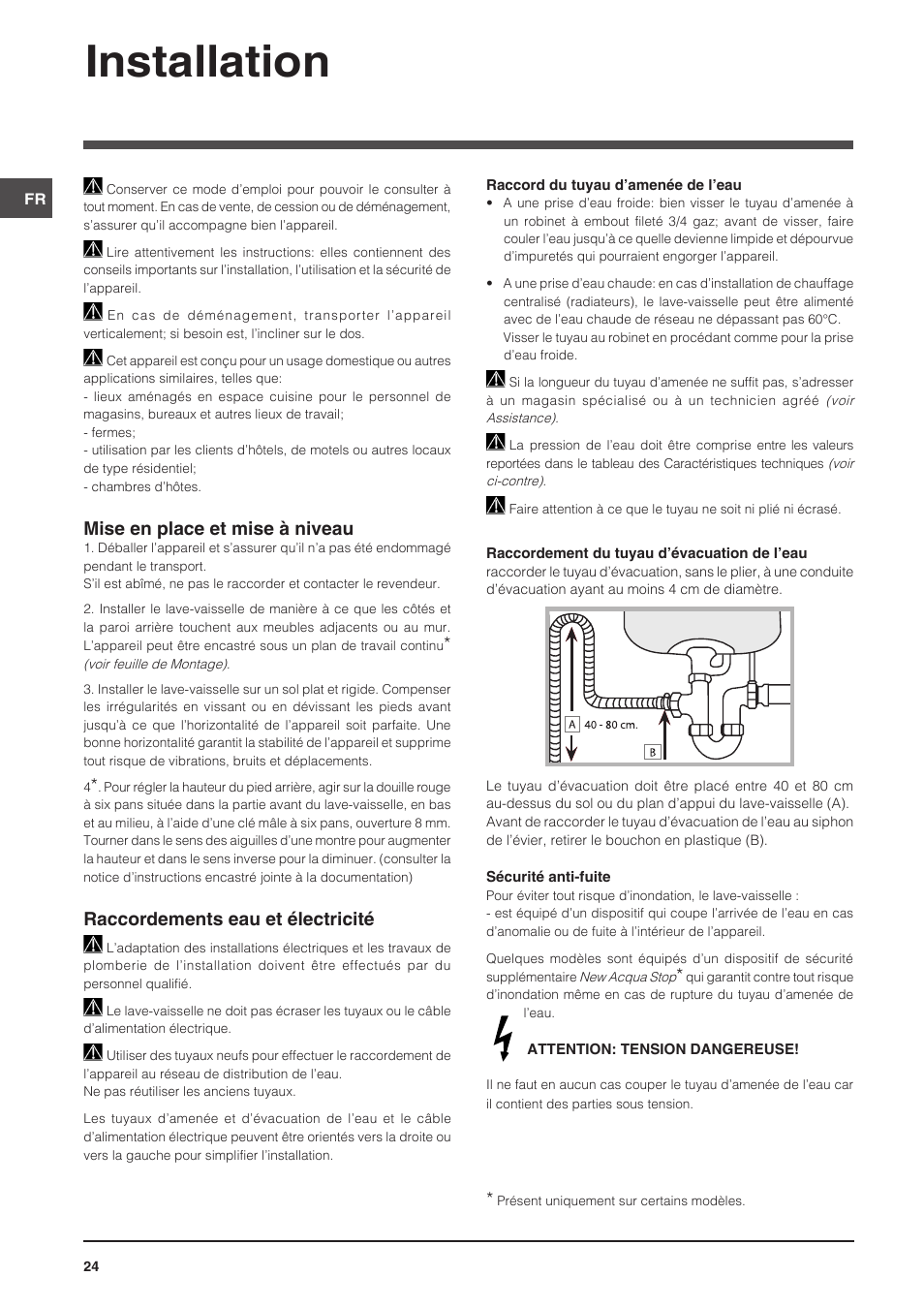 Installation, Mise en place et mise à niveau, Raccordements eau et électricité | Indesit DIS-14 User Manual | Page 24 / 80