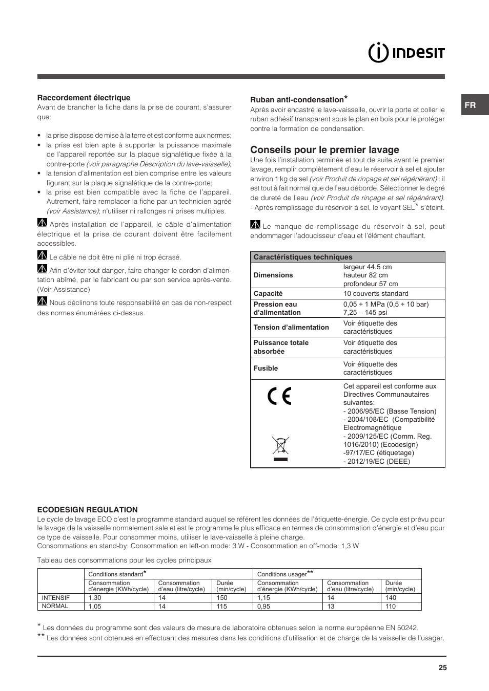 Conseils pour le premier lavage | Indesit DIS-14 User Manual | Page 25 / 80