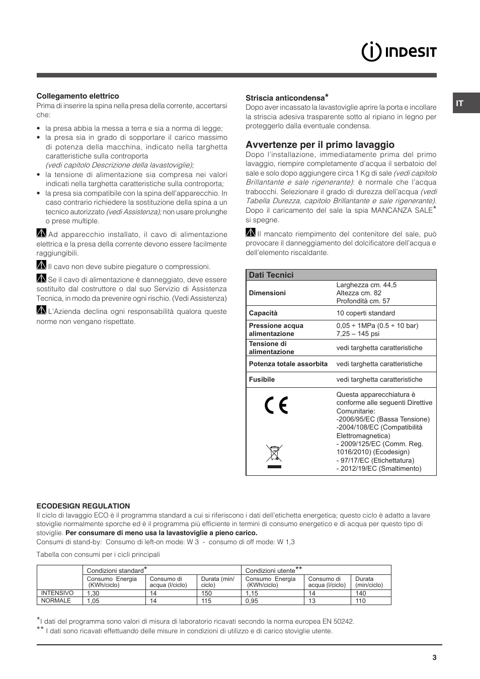 Avvertenze per il primo lavaggio | Indesit DIS-14 User Manual | Page 3 / 80