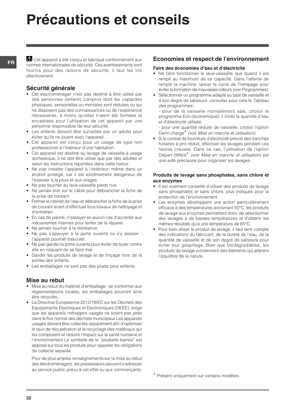 Précautions et conseils, Sécurité générale, Mise au rebut | Economies et respect de l’environnement | Indesit DIS-14 User Manual | Page 32 / 80