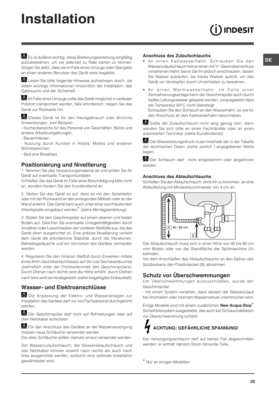 Installation, Positionierung und nivellierung, Wasser- und elektroanschlüsse | Schutz vor überschwemmungen | Indesit DIS-14 User Manual | Page 35 / 80