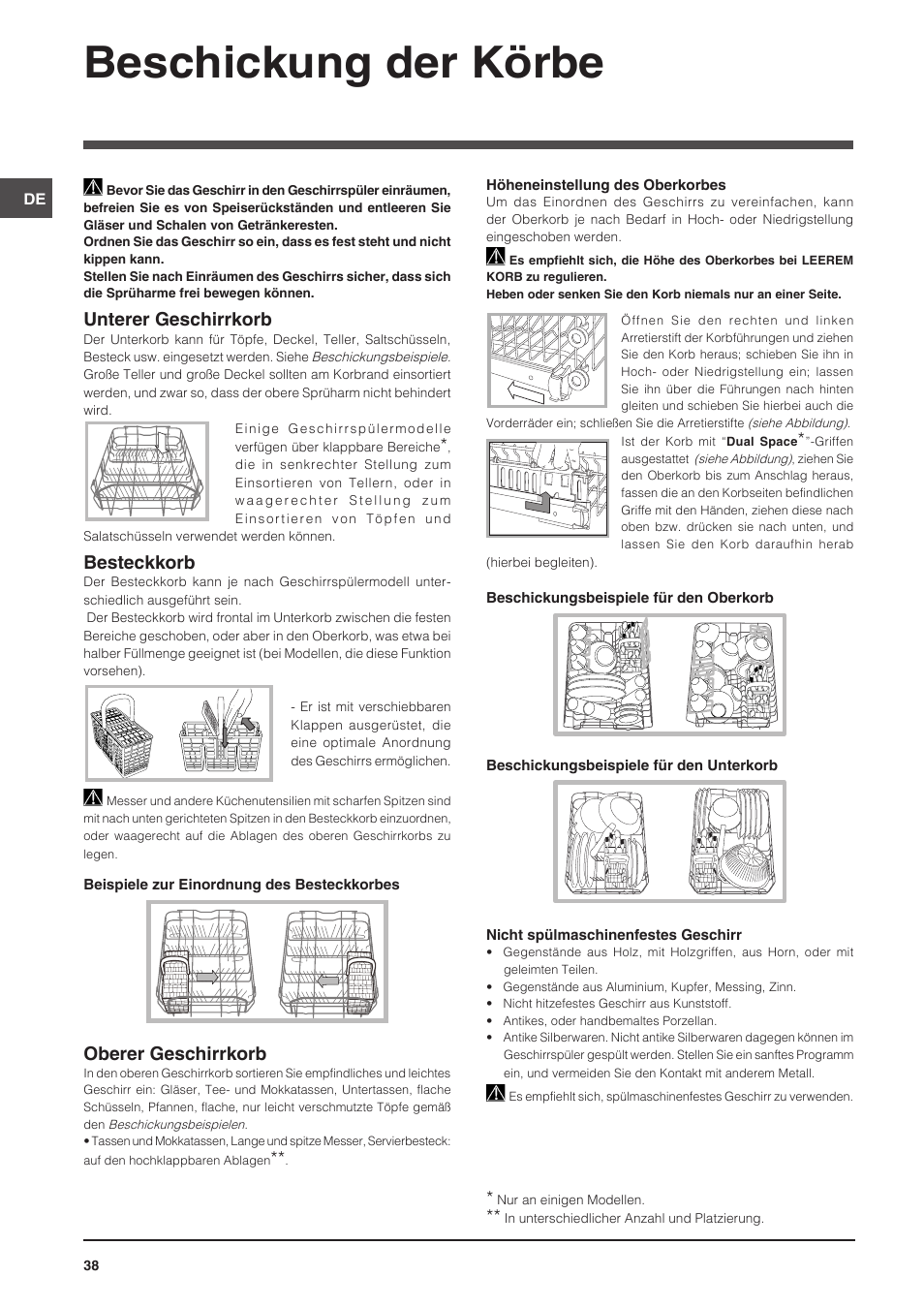 Beschickung der körbe, Unterer geschirrkorb, Besteckkorb | Oberer geschirrkorb | Indesit DIS-14 User Manual | Page 38 / 80
