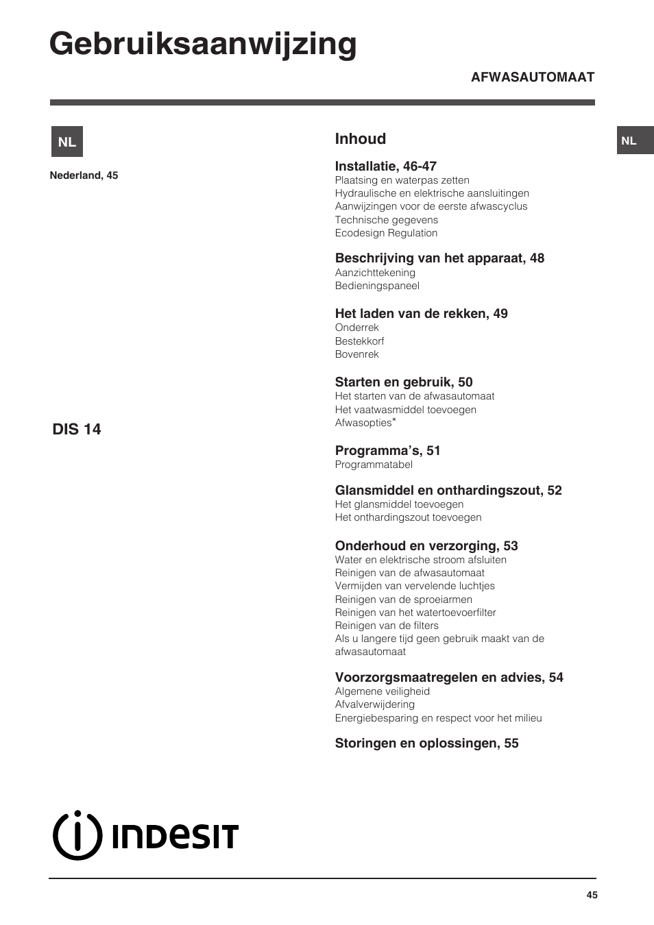 07543207_nl, Gebruiksaanwijzing, Inhoud | Dis 14 | Indesit DIS-14 User Manual | Page 45 / 80