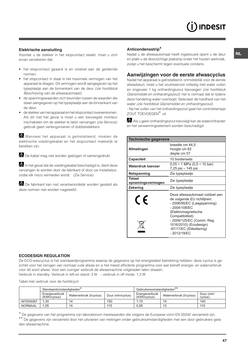 Aanwijzingen voor de eerste afwascyclus | Indesit DIS-14 User Manual | Page 47 / 80